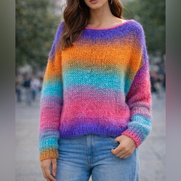 Handmade Sweaters - 🧶 Hand Knitted Rainbow Sweater, size M